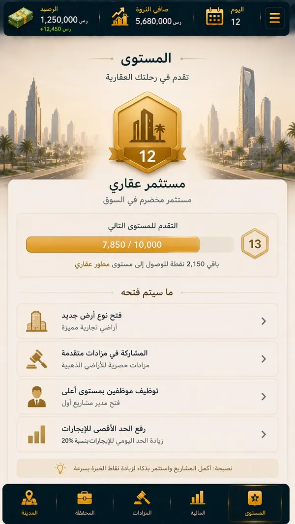 معاينة تطور مستوى اللاعب من مستثمر مبتدئ إلى إمبراطور عقاري